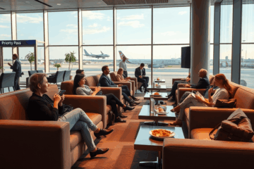 Imagem mostrando o interior de uma sala VIP em aeroporto, destacando o conforto e os serviços disponíveis para os viajantes.