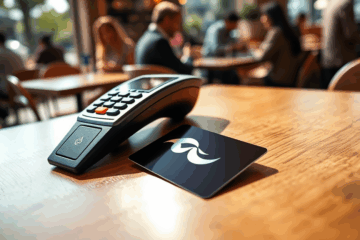 Imagem de um cartão contactless sendo aproximado de uma maquininha para pagamento.