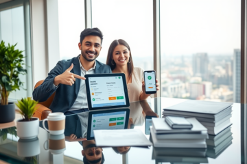 Profissionais em escritório moderno usando dispositivos digitais para representar crédito digital fácil com aprovação rápida e condições acessíveis