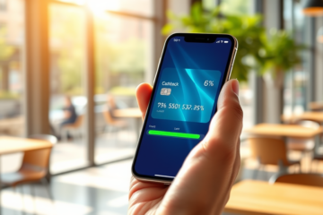 Cartão de crédito digital exibido num telemóvel num café urbano moderno com destaque para limite e vantagens de cashback