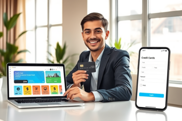 Pessoa confiante em escritório moderno segurando cartão de crédito com recompensa e formulário simples de pedido no portátil e smartphone