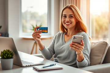 Mulher jovem sentada numa mesa moderna em casa, segurando cartão de crédito com cashback e a usar smartphone para pedir online e poupar mais